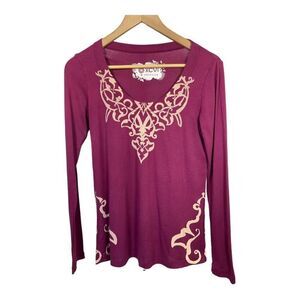 XCVI Women’s Long Sleeve Scoop Neck Graphics Tee Shirt Magenta/Cream Size Medium